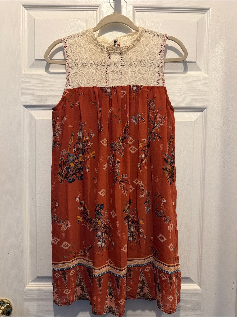 Beautiful Rust Orange Floral Midi Dress with Cream Lace Yoke